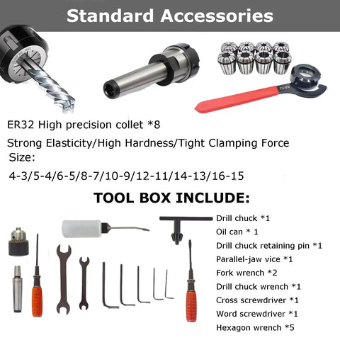 Standard accessories for Mini Benchtop Mill And Drill Press With Brushless Motor, including ER32 collets and various tools.