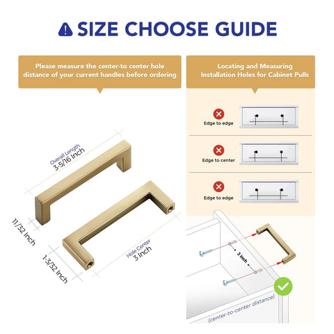 Size guide for Champagne Bronze Slim Cabinet Handles 10 Pack Solid Square Bar Drawer Pulls for Kitchen Cabinets, 3 Inch Hole Center.