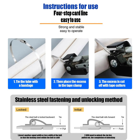 Instructions for Heavy Duty 48 Inch Stainless Steel Zip Ties, 500 Lb Break Strength, Extra Long Self Locking Cable Ties.