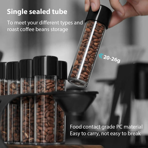 Single Dose Coffee Storage Tubes With One Way Exhaust Valve 8 Piece Set Espresso Dosing Jars And Walnut Holder showing sealed tube holding coffee beans.