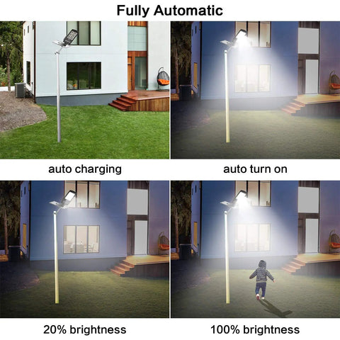 2 Pack 300W Solar Street Lights Outdoor IP66 Motion Sensor with 10000 Lumens showing charging and automatic light modes