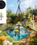 Solar Hanging Bird Bath Fountain With Three Layer Cascade, Eco Friendly Solar Powered Bird Bath for Outdoor Yards, Gardens, Patios and Backyards, No Wires, Easy Setup, Blue with birds