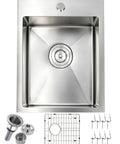 Drop In Bar Sink 15x20 Inch Topmount Single Bowl Kitchen Sink, 16 Gauge 304 Stainless Steel, Handmade With Grid And Drain