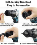 Self-locking gun head assembly instructions for cordless rivet gun kit, showcasing easy disassembly steps.