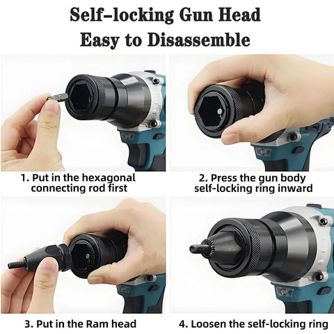 Self-locking gun head assembly steps for No Strings Attached Slick Cordless Rivet Nut Gun With 26V Automatic Force.