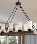 Farmhouse Wood Chandelier With Rustic Rectangular Frame And Frosted Glass Shade For Kitchen Island, Dining Room, Living Room And Bedroom Big Black Finish Ceiling Light Fixture