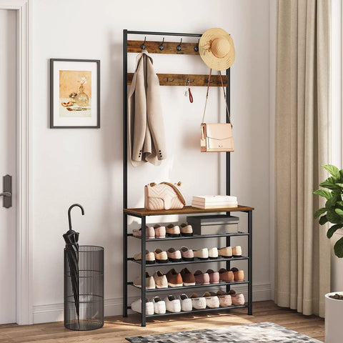 An industrial rustic brown and black hall tree in use, showcasing coat rack with bench and five-tier shoe storage in entryway or mudroom.