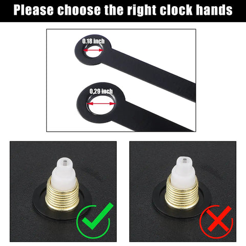 Black Clock Hands Replacement Kit With 14 Styles Aluminum Non Ticking Hands For DIY Clock Repair, illustrates correct fit method