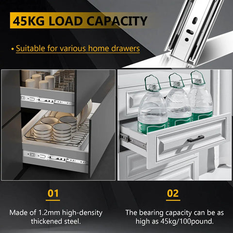 Illustration of 10 Inch Ball Bearing Drawer Slides Set with 6 pairs, 12 pieces, 100Lb capacity, installed under kitchen cabinet drawers.