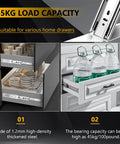 Workhorse 16 Inch Ball Bearing Drawer Slides Six Pairs showing 45kg load capacity with plates in kitchen and bottles in drawer.