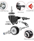 Heavy Duty 2 Inch Swivel Casters With Dual Locking Polyurethane Stem Mount Design Quiet Non Marking Industrial Castor Wheels built like a tank components including ball bearings and brake.