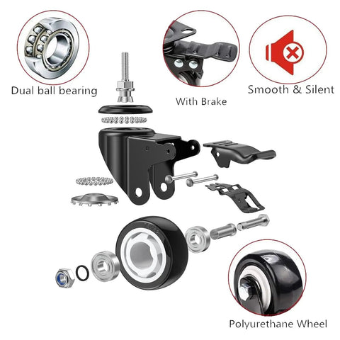 Heavy Duty 2 Inch Swivel Casters With Dual Locking Polyurethane Stem Mount Design Quiet Non Marking Industrial Castor Wheels built like a tank components including ball bearings and brake.