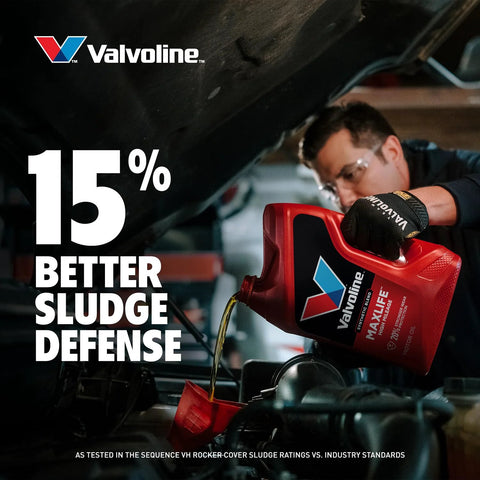 Valvoline MaxLife high-mileage motor oil, 5-quart red plastic jug, being poured into a car engine.