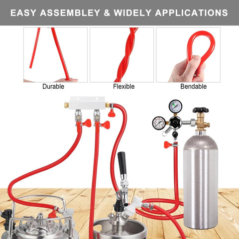 25 Foot Beer CO2 Gas Line Kit For Homebrew And Kegerator, Five Sixteenth Inch Red CO2 Tubing With 304 Stainless Steel Clamps shown in use