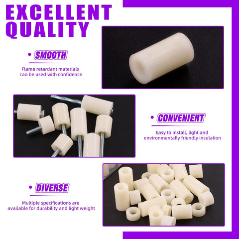 Top Shelf Nylon Spacer Standoff Hardware Assortment Kit 180 Pieces Black And White M5 Threaded Insulators close-up shots showcasing various sizes and smooth finish.