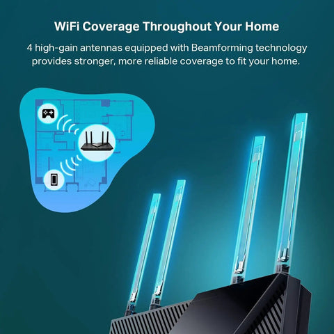 Dual Band AX3000 WiFi 6 Router Archer AX55 For Home Internet with four antennas and Beamforming technology illustration