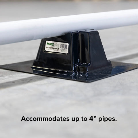 Side view of black rooftop pipe saddle support with base plate; pipe resting on top; Miro label visible