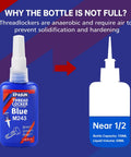 Blue Thread Locker M243 Medium Strength For Nuts Bolts And Fasteners 50 Ml Bottle with diagram showing bottle fill level
