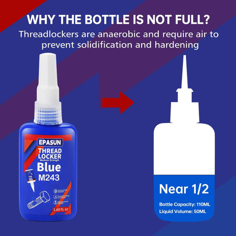 Blue Thread Locker M243 Medium Strength For Nuts Bolts And Fasteners 50 Ml Bottle with diagram showing bottle fill level