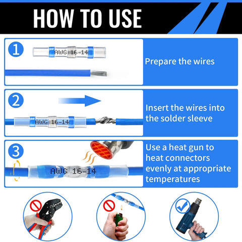 Front view of Sopoby 250-piece solder-seal wire connectors kit with blue insulated heat-shrink sleeves