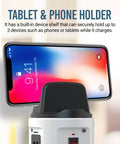 Spin Power Tower Surge Protector With 4 Outlets And 6 USB Ports showing built-in phone holder with device displayed