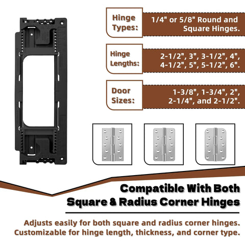 Black Pro Grade Door Jamb Hinge Jig For Easy No Fuss Install Across Eight Size Options Display with Hinge Specifications.