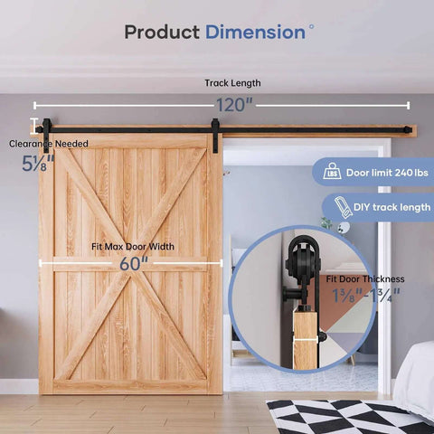 Ten Foot Sliding Barn Door Hardware Track Kit With J Pulley And Ball Bearing Rollers for a 60 inch wide door, showing track dimensions.