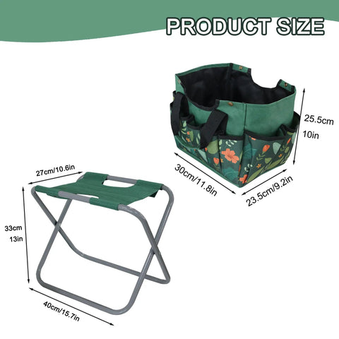 Foldable Gardening Stool With Detachable Storage Tote For Gardening Camping And Fishing Tools Organizer Portable Garden Chair For Adults With Sturdy Steel Frame And Easy Grab And Go Carry Design, showing product size.