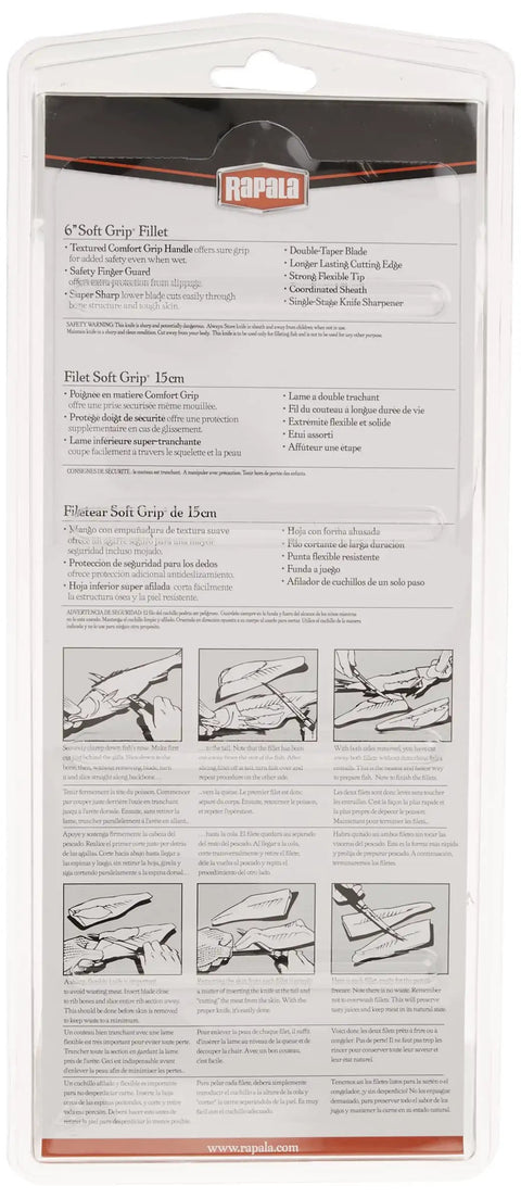Back of packaging for Soft Grip Fillet Knife With Flexible Stainless Blade, Non-Slip Textured Handle, Belt Sheath Included