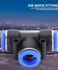 Push To Connect Pneumatic Fittings Kit, 35 Piece 3 Way Tee Union Set With 4mm To 16mm Sizes displayed with a cityscape backdrop