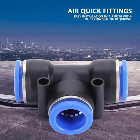 Push To Connect Pneumatic Fittings Kit, 35 Piece 3 Way Tee Union Set With 4mm To 16mm Sizes displayed with a cityscape backdrop