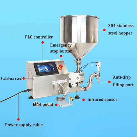 Heavy Duty Stainless Steel Paste Filling Machine With Wide Mouth Hopper For No Sweat Bottle Filling At 40 Liters Per Minute with 304 stainless steel hopper.