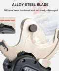 Close-up of alloy steel blade Cordless Hydraulic Cable Cutter For Copper And Aluminum Wires, includes cleaning brush inset.