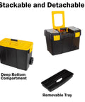 Portable Rolling Tool Box With Wheels Stackable Two In One Tool Chest With Fold Down Comfort Handles Tough Latches And Removable Storage Trays