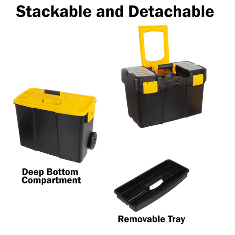 Portable Rolling Tool Box With Wheels Stackable Two In One Tool Chest With Fold Down Comfort Handles Tough Latches And Removable Storage Trays