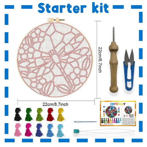 Dragonfly Punch Needle Kit For Adults Beginners Colorful Flower Embroidery Starter Set with tools, yarns, and pre-printed fabric.