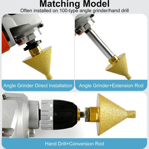 Slick Diamond Beveling Chamfer Bits For Angle Grinders And Electric Drills With Built In Cooling Wax For Dry Tile Ceramic Countersinking Two Pack M10 Adapter, installation on an angle grinder.