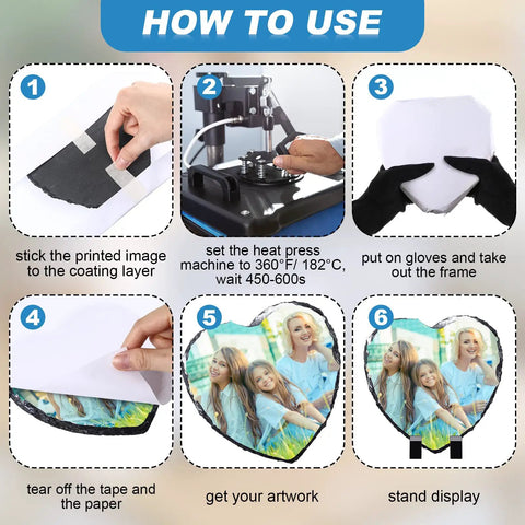 Step-by-step guide on using Blank Sublimation Heart Slate Set Four Pieces 5.9 By 5.9 Inches With Black Stands For Heat Press DIY