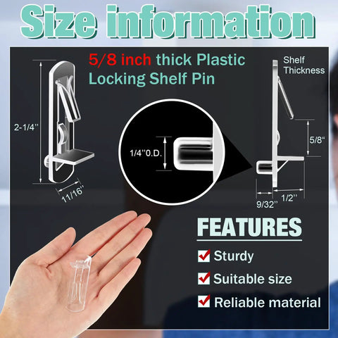 Diagram of Self Locking Shelf Pins 5mm Plastic Pegs for Kitchen Cabinets, showing dimensions and features in hand view.