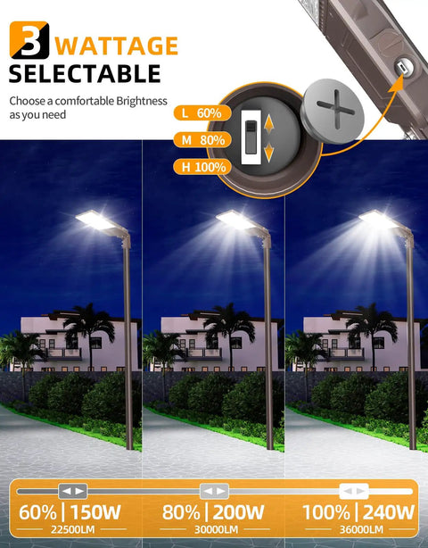 Rugged 240W 200W 150W Adjustable LED Parking Lot Light With 5000K Output UL DLC Listed showing 3 wattage options