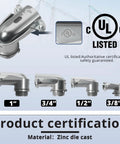 2 Pack 3/4 Inch Flexible Metal Conduit Elbow 90 Degree Squeeze Connector Heavy Duty Toolless Wiring Joint shown with UL listing and size details.