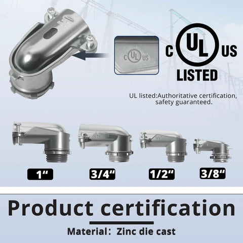 2 Pack 3/4 Inch Flexible Metal Conduit Elbow 90 Degree Squeeze Connector Heavy Duty Toolless Wiring Joint shown with UL listing and size details.
