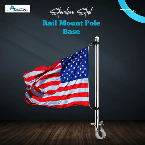 Stainless Steel Rail Mount Flag Staff Pole With Adjustable Clamps And 12x18 Inch US Flag, 15 3/16 Inch Length, Rust Resistant