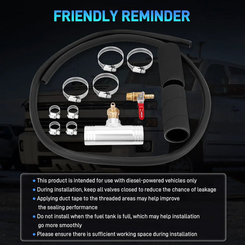 Diesel Gravity Fueled Auxiliary Fuel Tank Installation Kit components with fill line and clamps for heavy duty trucks.