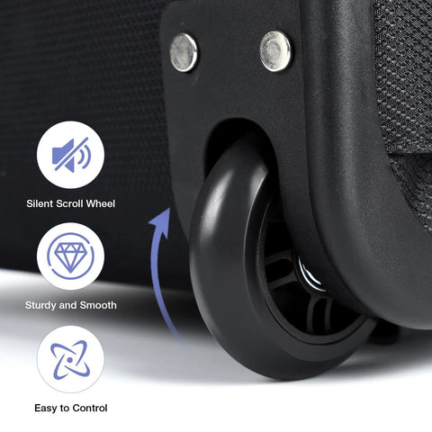 Lekespring rolling backpack wheel close-up; black 18-inch carry-on luggage with silent scroll wheel