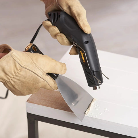 Dual Temperature Heat Gun For Do It Yourself Projects, 680F High Heat And 450F Low Heat, Hands Free Stand in use for paint removal