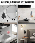 Collage displaying Must-Have 8-Piece Bathroom Hardware Set in Brushed Nickel, including towel bar, hooks, towel ring, and mounted accessories.