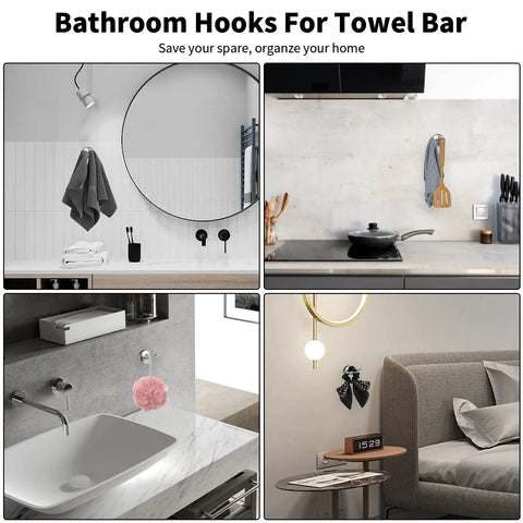 Collage displaying Must-Have 8-Piece Bathroom Hardware Set in Brushed Nickel, including towel bar, hooks, towel ring, and mounted accessories.