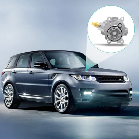 AULINK brake booster vacuum pump, silver metal finish, automotive part shown with inset over a modern SUV.