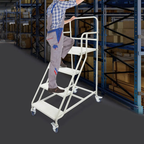 Rock Solid Four Step Rolling Ladder With Sturdy Rails And Non Slip Steel Treads Built Tough For No Fuss Warehouse Access. Man climbing ladder.